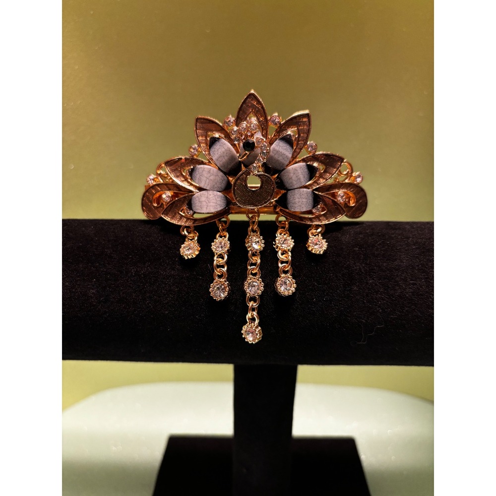 Gold Peacock Hair Barrette Rhinestone Dangle Tassel Gray Marbled Tiara Clip‎